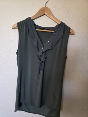 White House Black Market Slate Green Ruffle V-Neck Sleeveless Top